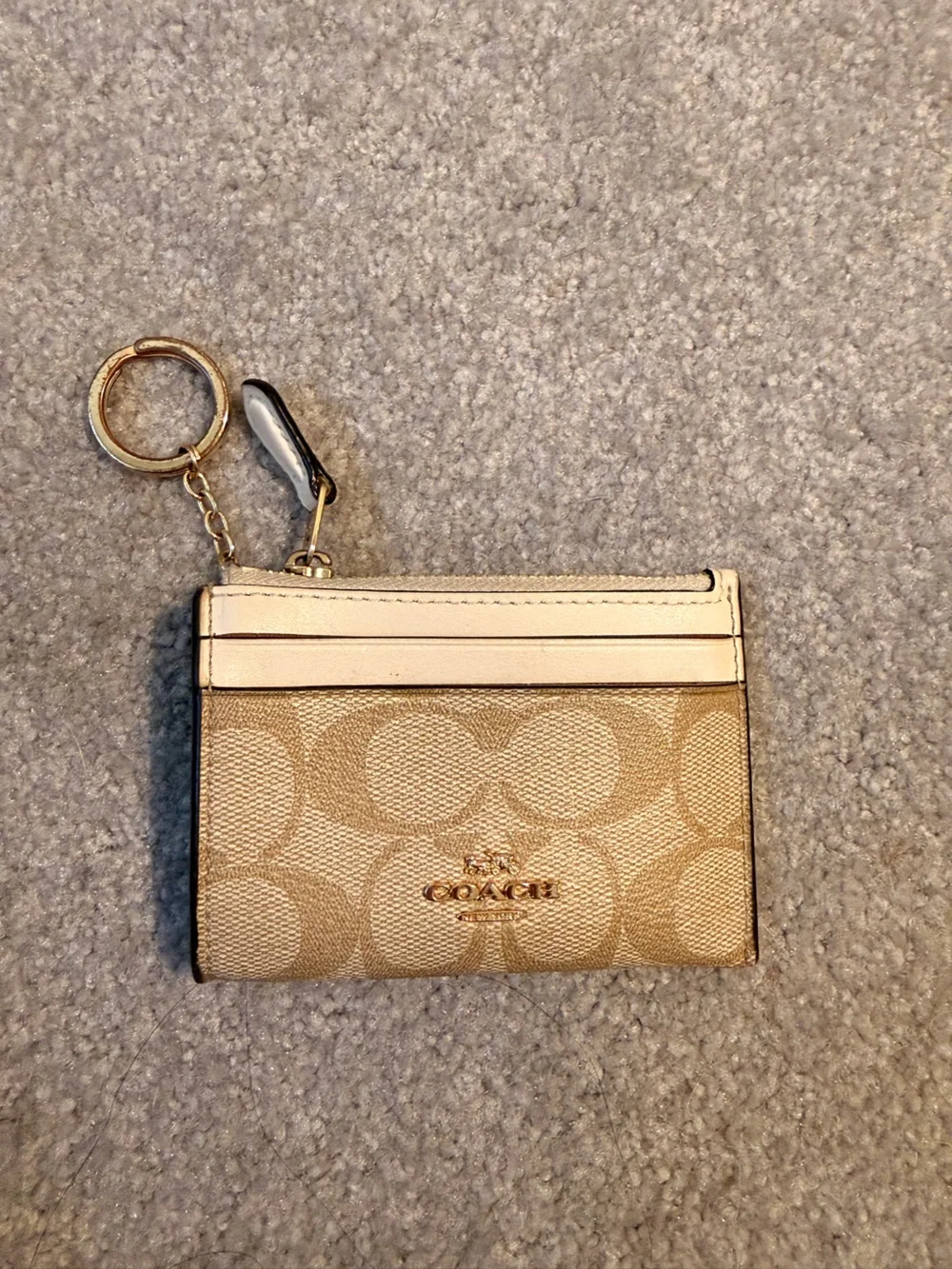 Coach Beige Signature Canvas Card Case with Gold Keyring
